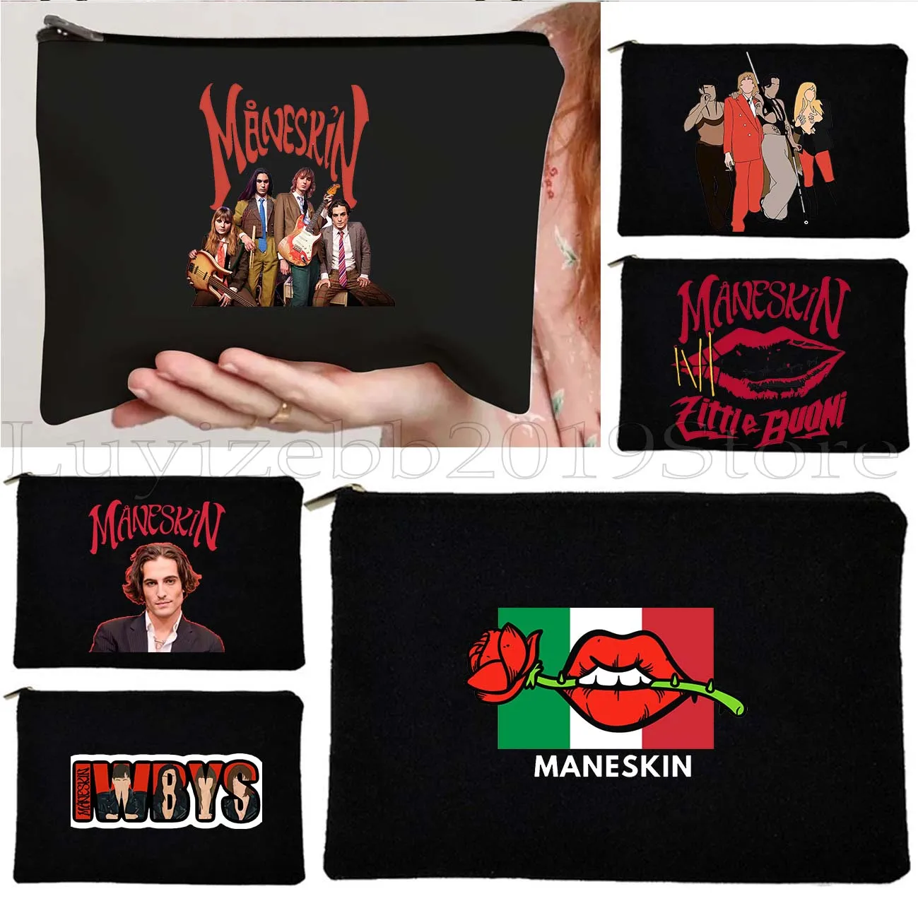 Maneskin Damiano David Italia Music Band MAMMAMIA Victoria Damian Canvas Cosmetic Bag Makeup Toilet Bag Pencil Case Zipper Pouch