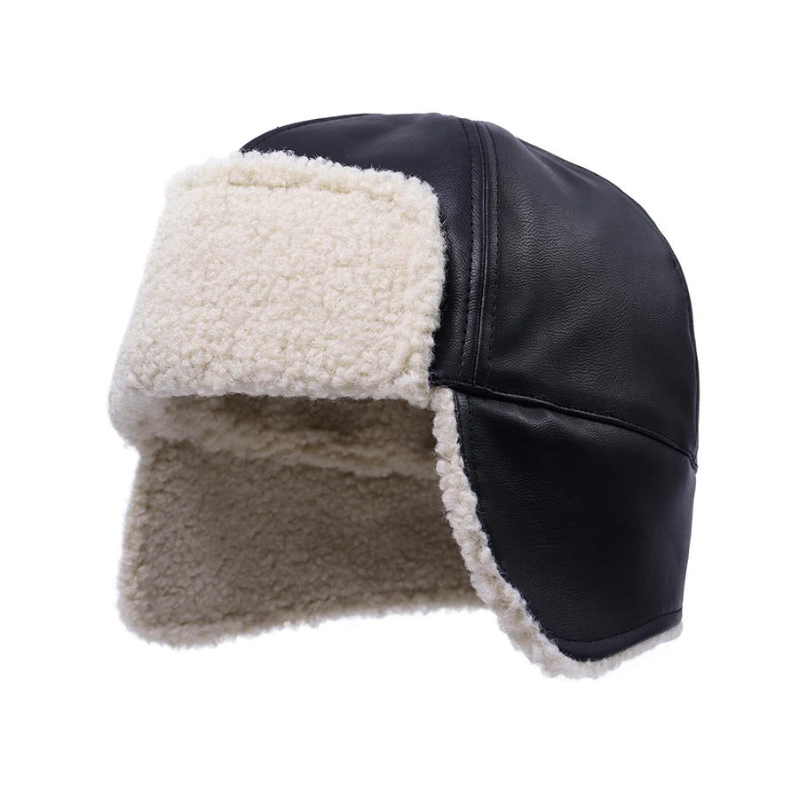 Bomber Hat Men Earflap Cap Fuax Leather Lining Winter Warm Accessory For Outdoor Hiking Sports Climb