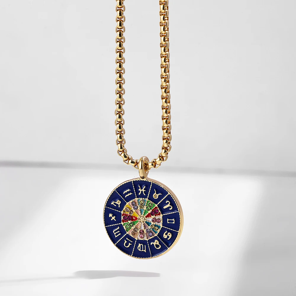 Cute Eyes Heart Palm Zodiac Signs Necklace For Women Double Sided Enamel Star Pendant Collar Gold Color Stainless Steel_maomaolike.com
