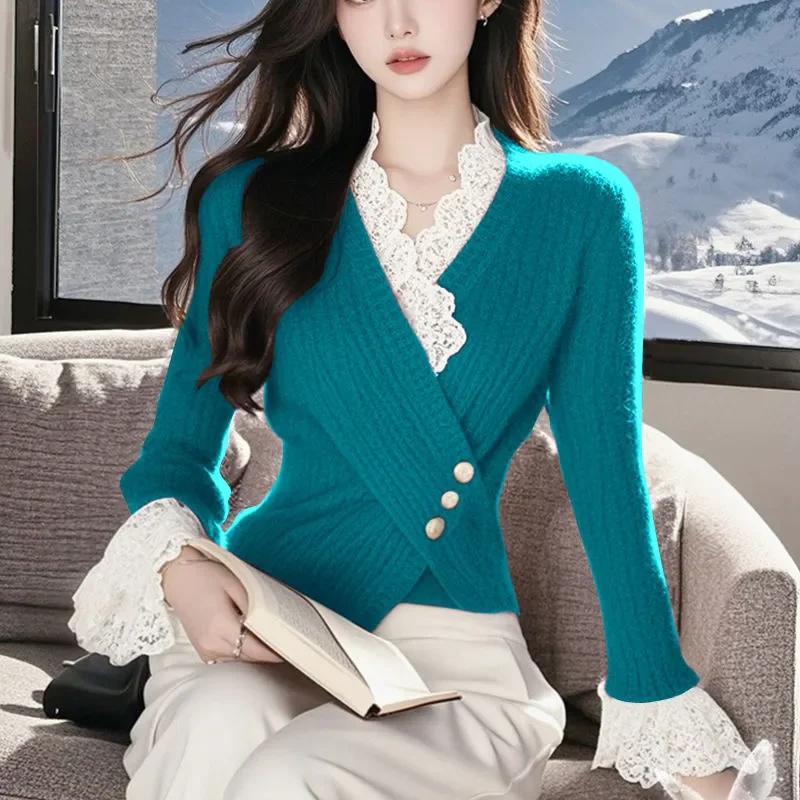 

Женская одежда, элегантный кружевной свитер с рукавами-бабочками, вязаный пуловер, осень-зима, новый однотонный тонкий трикотаж с v-образным вырезом B799