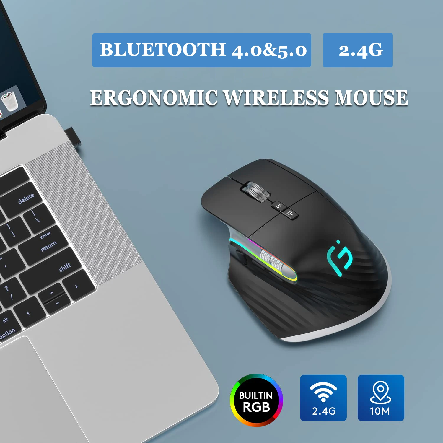 Wireless Gaming Mouse Bluetooth Ergonomic for Laptop Silence USB-C Rechargeable 5 DPI 9 Button for Computer PC Tablet Macbook