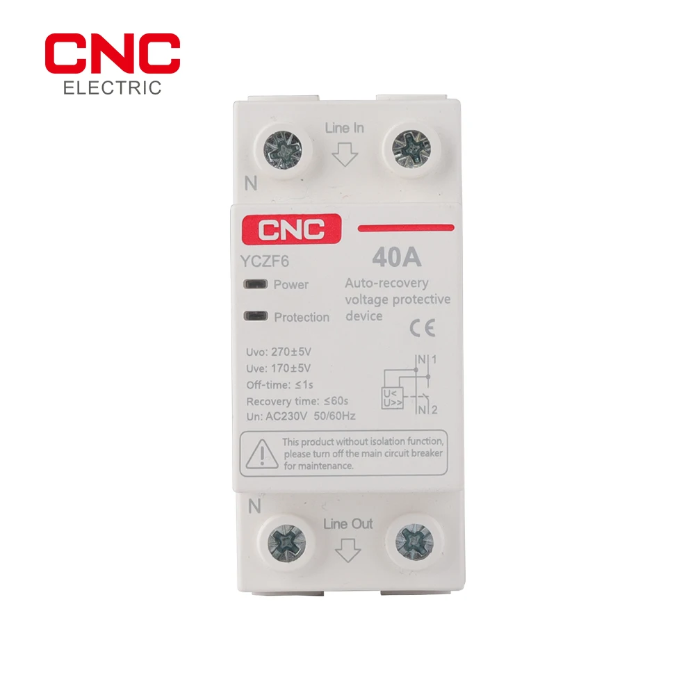 

CNC YCZF6 1P+N AC 230V Din Rail Self-recovery Overvoltage and Undervoltage Protector Top in and Bottom out Protective Device