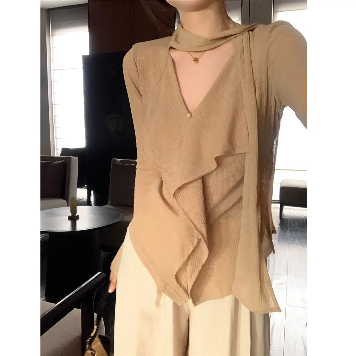 

Casual Style Long Sleeve V-Neck Women's Shirt Slim Fit with Sash Autumn Fashion Breathable Comfortable Versatile Daily Wear