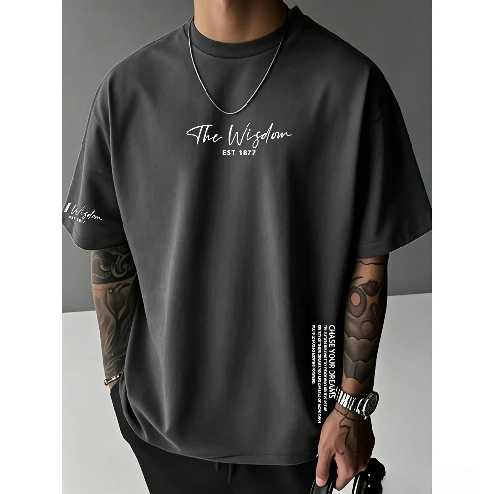 Summer Oversized T-shirt The Wisdom EST 1877 Letter Printed Crew Neck Cotton Short Sleeve Casual Streetwear Loose Tops for Men's