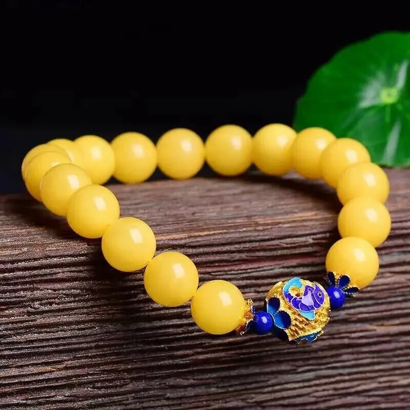 Ancient Gold Craft Yellow beeswax Beaded bangles Cloisonne Enamel Design Exquisite Pendant bracelet for women Classic Jewelry