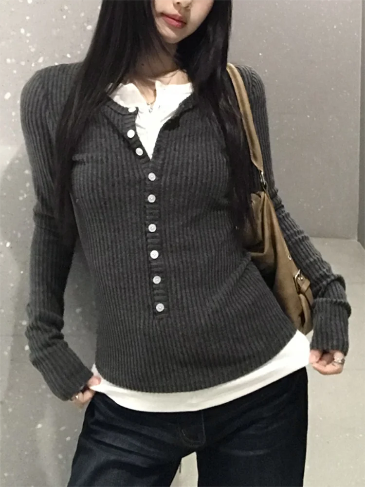 Women Autumn Winter Long Sleeve T-Shirt Basic Shirt Spicy Girl Streetwear Fake Two-piece Button T-shirt Fashion Clothes Top