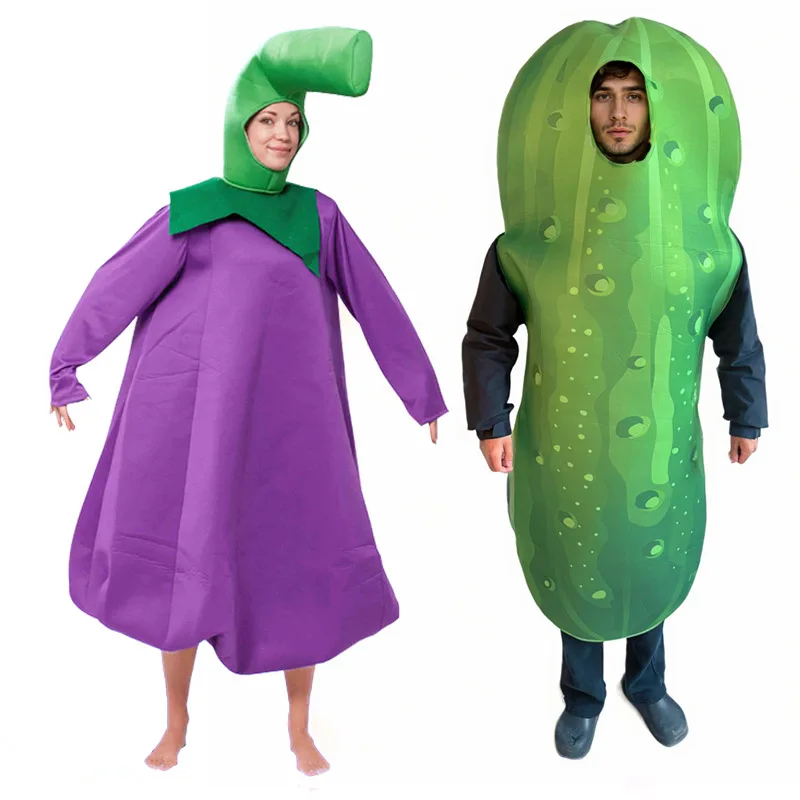 

Funny Food Outfits Couple Vegetable Costume Women Purple Eggplant Halloween Dress Up Adult Green Cucumber Costume for Men