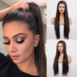 AIMEYA Long Synthetic Lace Wigs for Women Dark Brown Straight Wig Free Part Heat Resistant Fiber Cosplay Party Lace Front Wigs