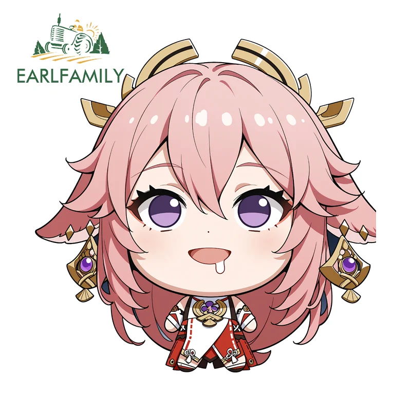 EARLFAMILY Yae Miko Chibi Stickers Cute Graffiti Design Windshield Decals Sunscreen Practical Waterproof Car Body Car Accessory