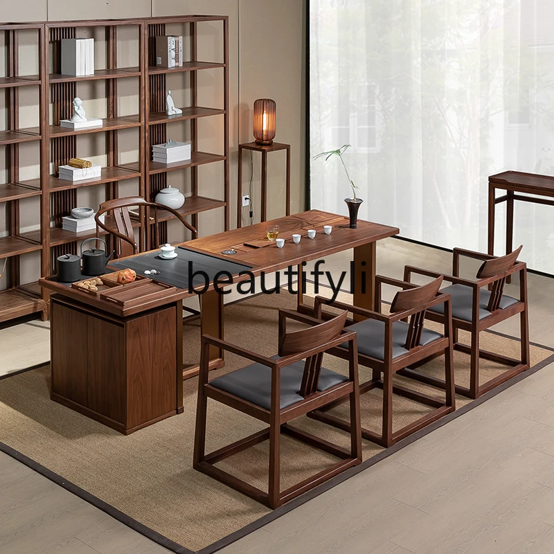 Tea table and chair combination solid wood new Chinese office tea table North American black walnut