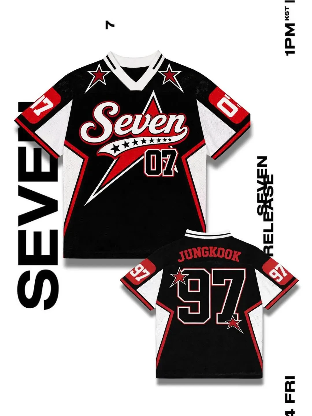 Black Red Star Mesh Jersey JUNGKOOK 97 Seven 07 Lightning Print V Neck Oversized Breathable Kpop Fan Concert Short Sleeve Top
