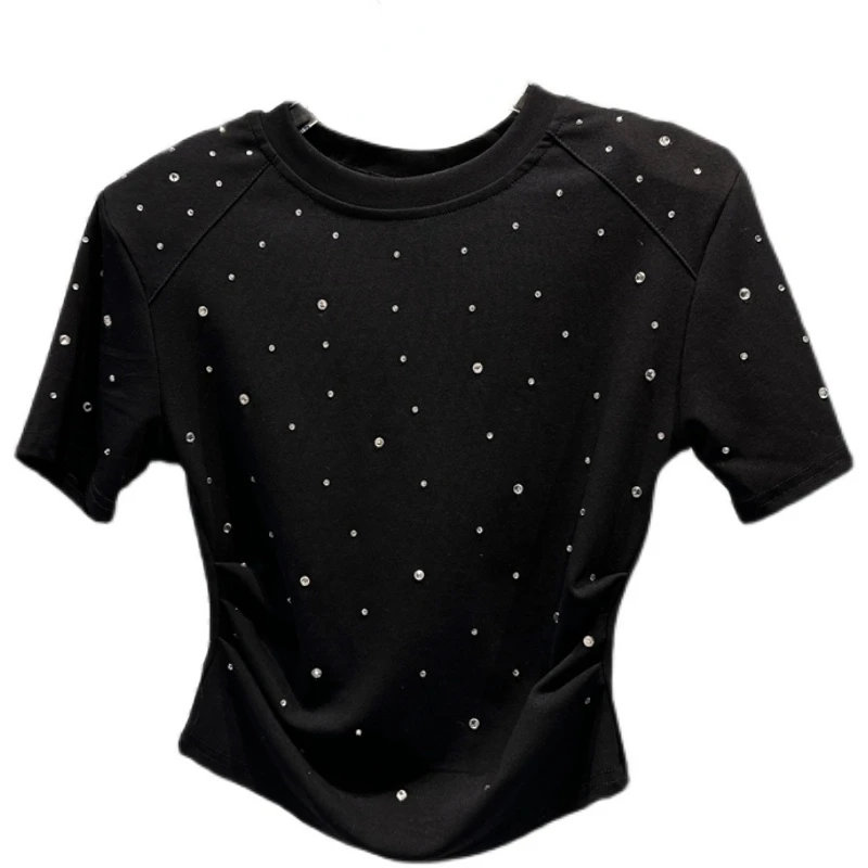 2024 Summer New Rhinestone Pattern Padded Shoulder Cropped Short Sleeve T-Shirts for Women Tee Tops White Black