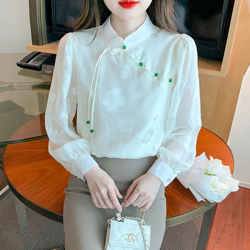 Nieuwe Chinese Stijl Lange Mouw Opstaande Kraag Vrouwen Blouse Wit Chiffon Blouse Shirt Vrouwen Tops Blusa Camisas De Mujer 2024 H636