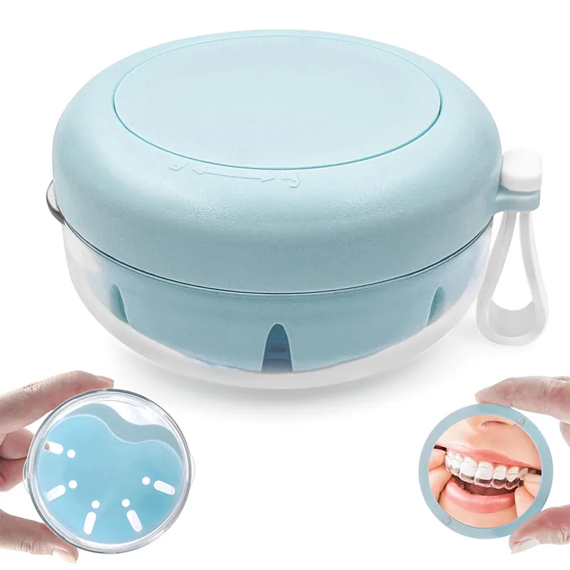 1pc Denture Case with Mirror Leak-Proof Cleaning Container for Full/Partial Dentures Retainer Mouth Guards Braces & Aligners