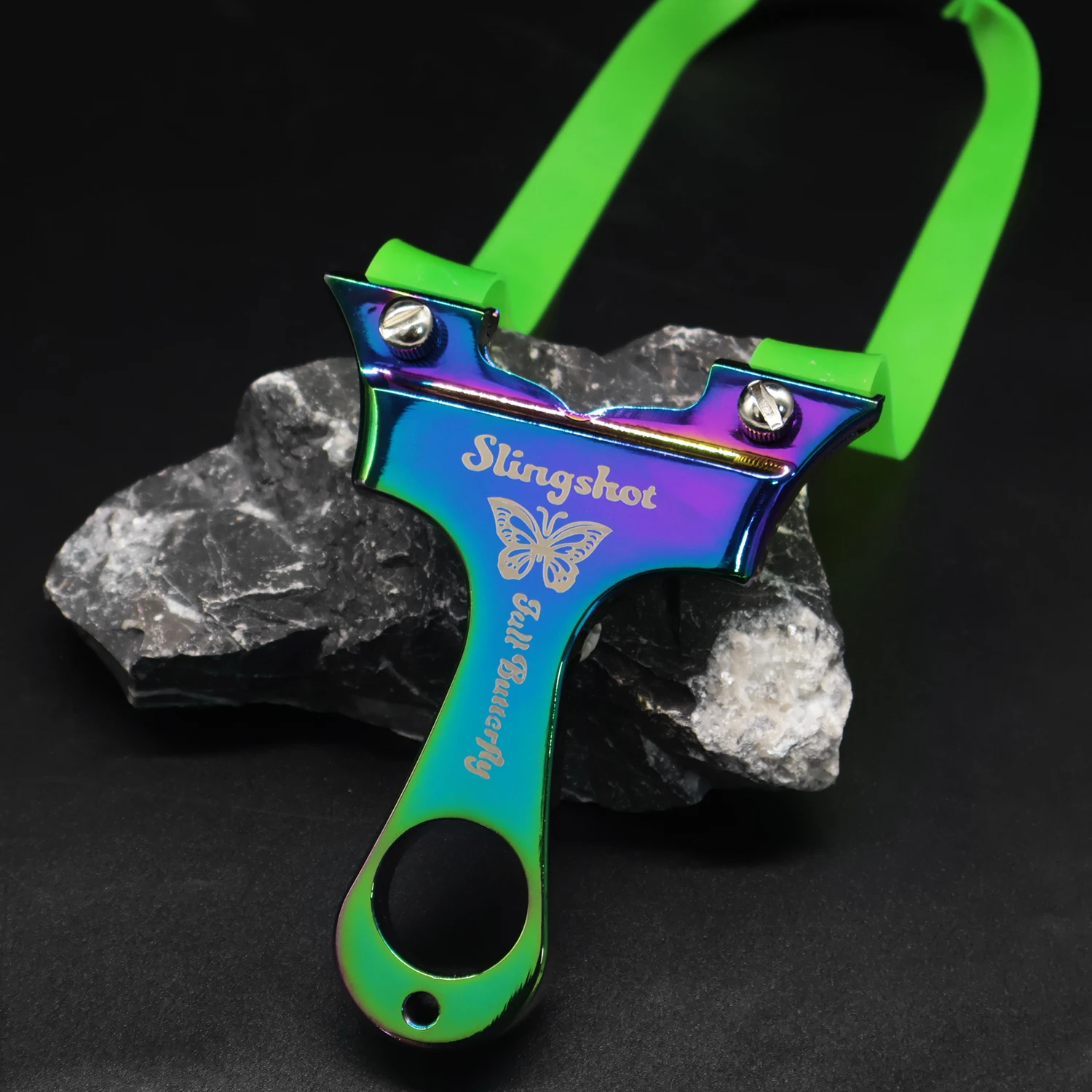Colorful Aluminum Alloy Y-Shaped Slingshot Flat Top Clamp Finger Ring Butterfly Graphic Outdoor Practice