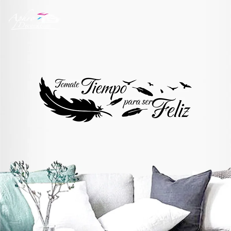 

Tomate Tiempo para ser Feliz Feather Wall Stickers Spanish Phrases Vinyl Wall Art Decoration Kids Children Room Wall Decals
