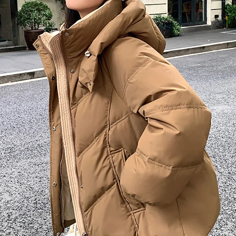 HELIAR Autumn Winter Women Mock Neck Cotton Coat Hooded Loose Thicken Warm Cotton-padded Jacket Women Solid Zipper Parkas 2024