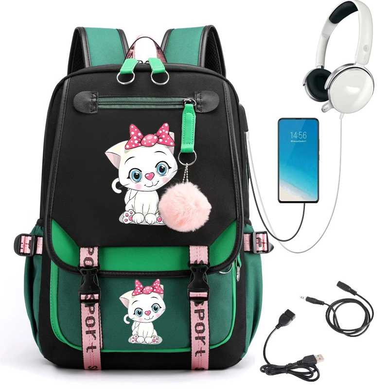 Students Backpack School Bag Back Pack Teenager Schoolbag Cartoon Cat Girls Backpack Canvas Usb Charging Cute Kitten Bagpack