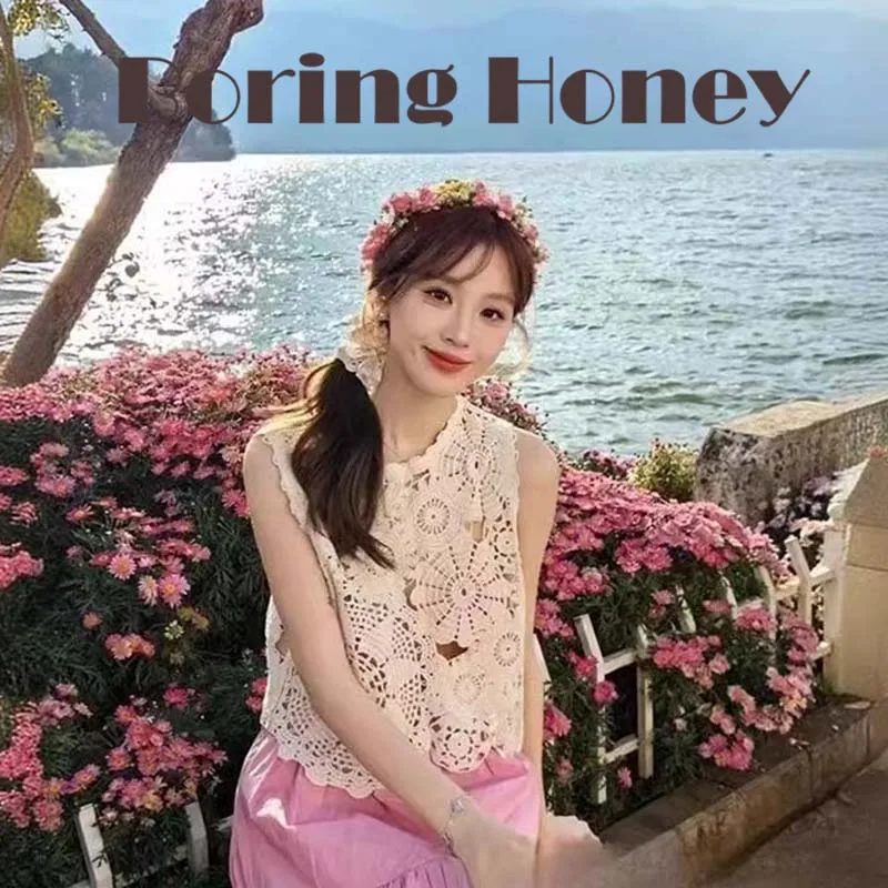 Boring Honey French Chic Floral Cotton Voile Tank Top Premium Quality Heavy Crochet Workmanship Crop Top  Women's Blouse