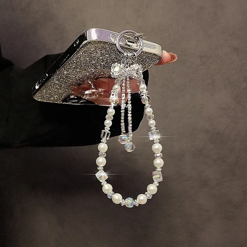 Luxus High-End-Flash Diamant Bogen Quaste Handy Kette Kristall Perlen Handy Lanyard Kurze Handgelenk Halten Kette