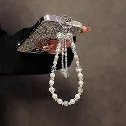 Luxury High-End Flash Diamond Bow Tassel Mobile Phone Chain Crystal Beaded Mobile Phone Lanyard Short Wrist Holding Chain