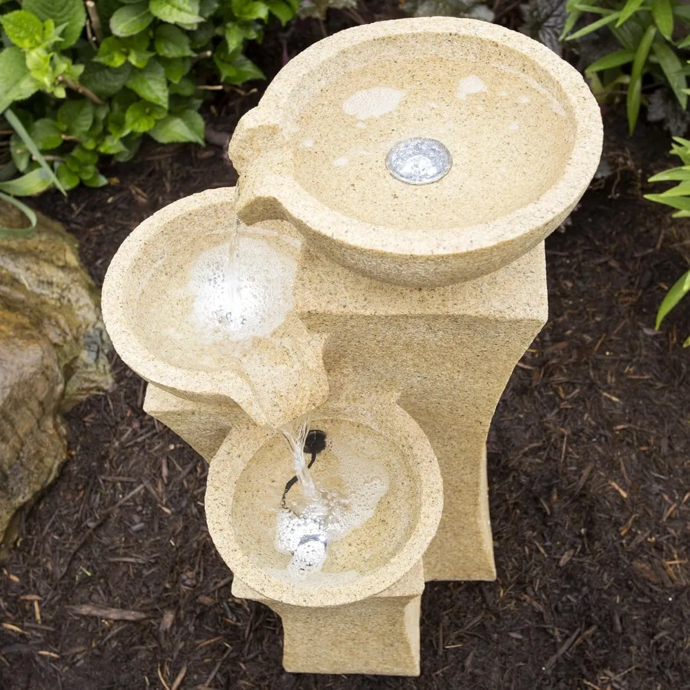 Fountain with LED Lights, Lighted Pots Fountains with Cascading Bowls and Soothing Sound, Outdoor Water Fountain