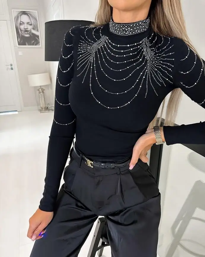 T-shirt moda donna camicette 2022 strass Decor Mock Neck Top pullover autunno abiti donna autunno inverno abbigliamento femminile