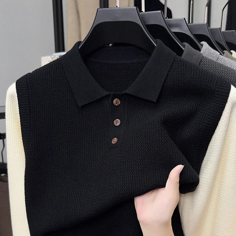 High end luxury knitted long sleeve T-shirt men's autumn winter fashion personalized splicing design Korean casual lapel sweater