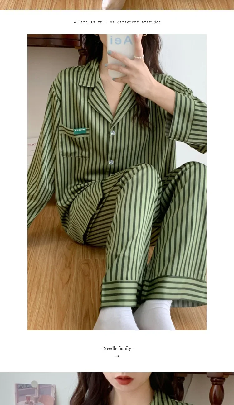 Women\'s Pajamas Sets Spring Autumn 2 Piece Striped Green Pyjama Faux Silk Satin Sleepwear Long Sleeve Pijama Mujer Pjs Homewear