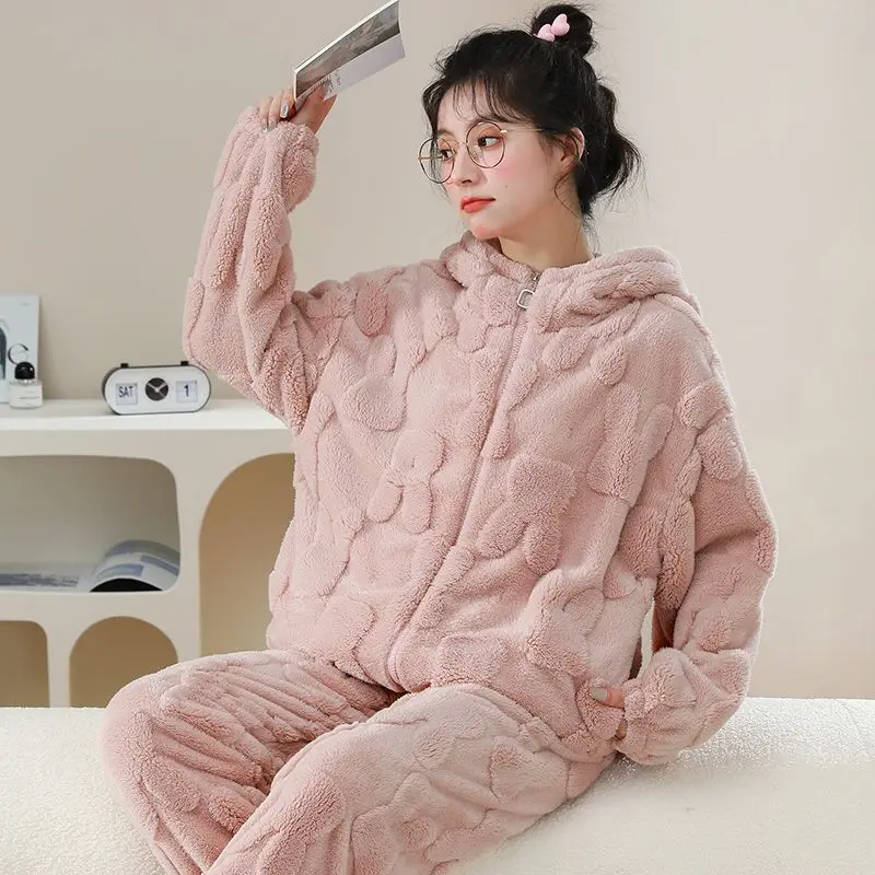 Female Pupil Dormitory Hooded Flannel Loungewear Set Warmth Comfort Soft Autumn and Winter Thickening Type Coral Fleece Pajamas