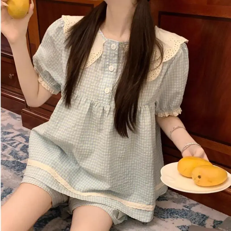 Sweet Lovely Girl's Home Outfit Summer Korean Version Doll Collar Plaid Short Sleeved Short Set Fashionable Student Two-Piecet