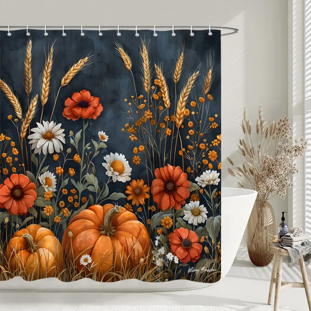 Rustic Farms Pumpkin Shower Curtain Thanksgiving Autumn Sunflower Polyester Fabric Shower Curtain Bathroom Decorative with Hooks