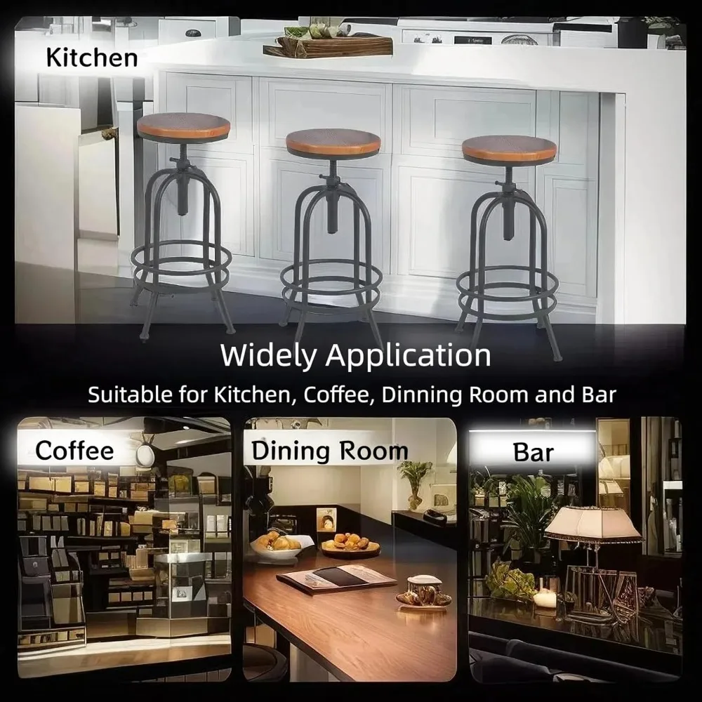 Industrial Style Pair Bar Stools - Retro Adjustable Height 26-32.3 Inches Swivel Seats - Extra Tall Kitchen Counter Chairs - Ful