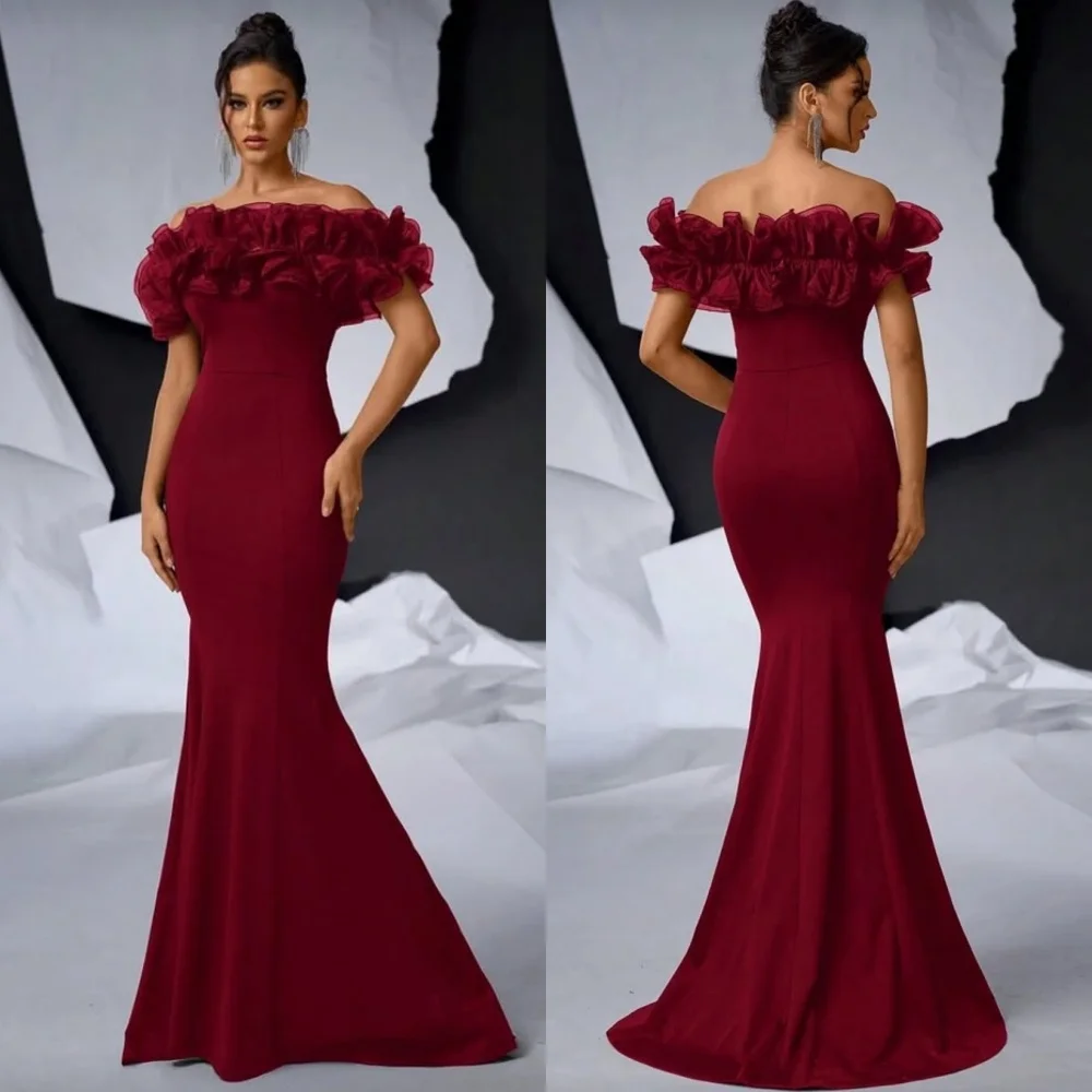 Индивидуальные современные стильные простые трикотажные плиссированные платья русалки с открытыми плечами и рюшами, длинные платья на заказ, вечерние классические платья