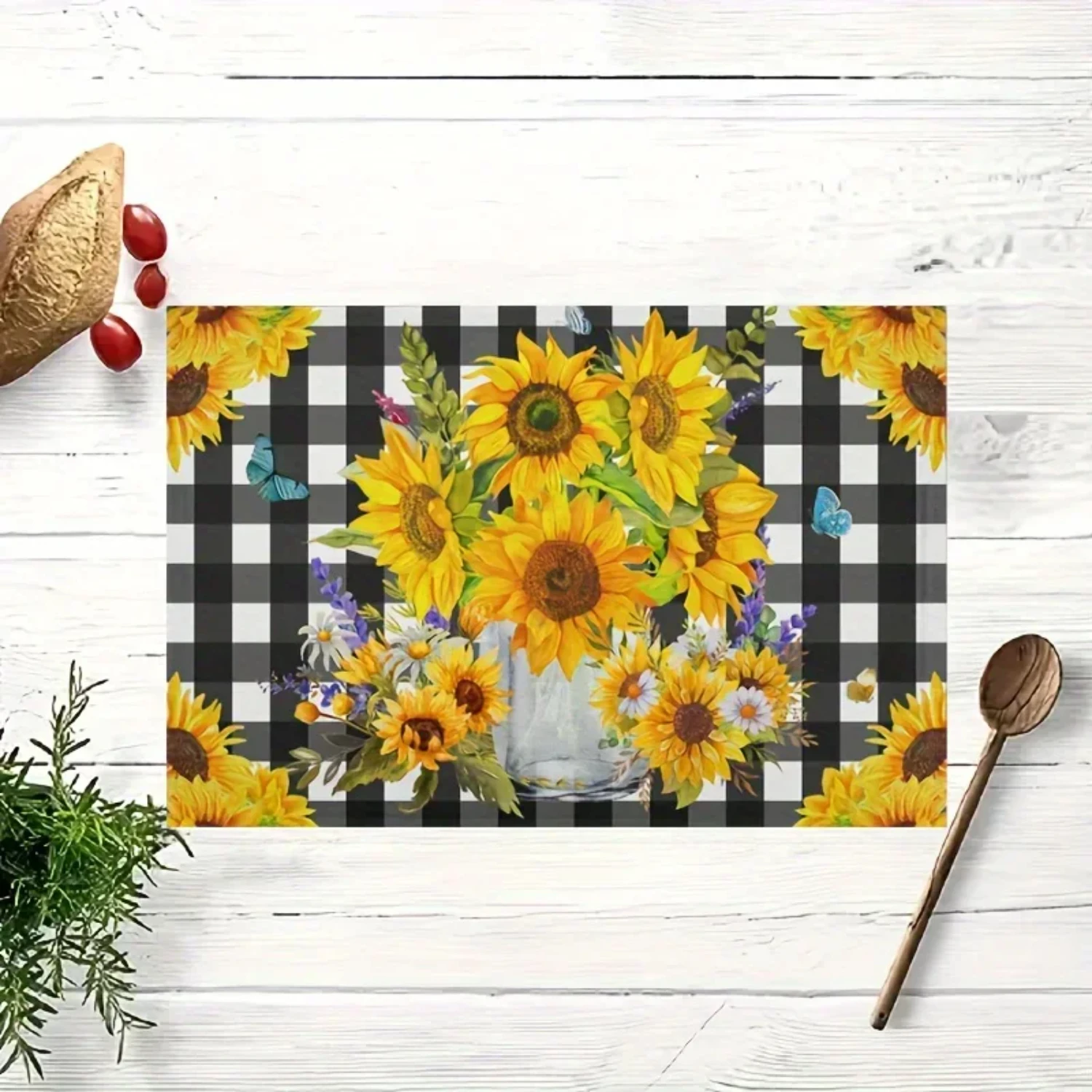 Lively Sunflower Checked Plaid Linen Placemats Set of 4 for Summer, Stylish Floral Washable Place Mats for Kitchen Dining Table