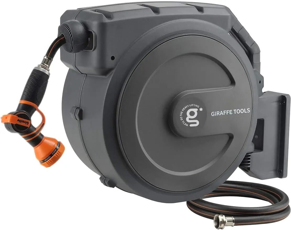 

Giraffe Tools Retractable Garden Hose Reel 1/2 Inch x 130 ft, Super Heavy Duty, Any Length Lock, Slow Return System, Wall Mounte