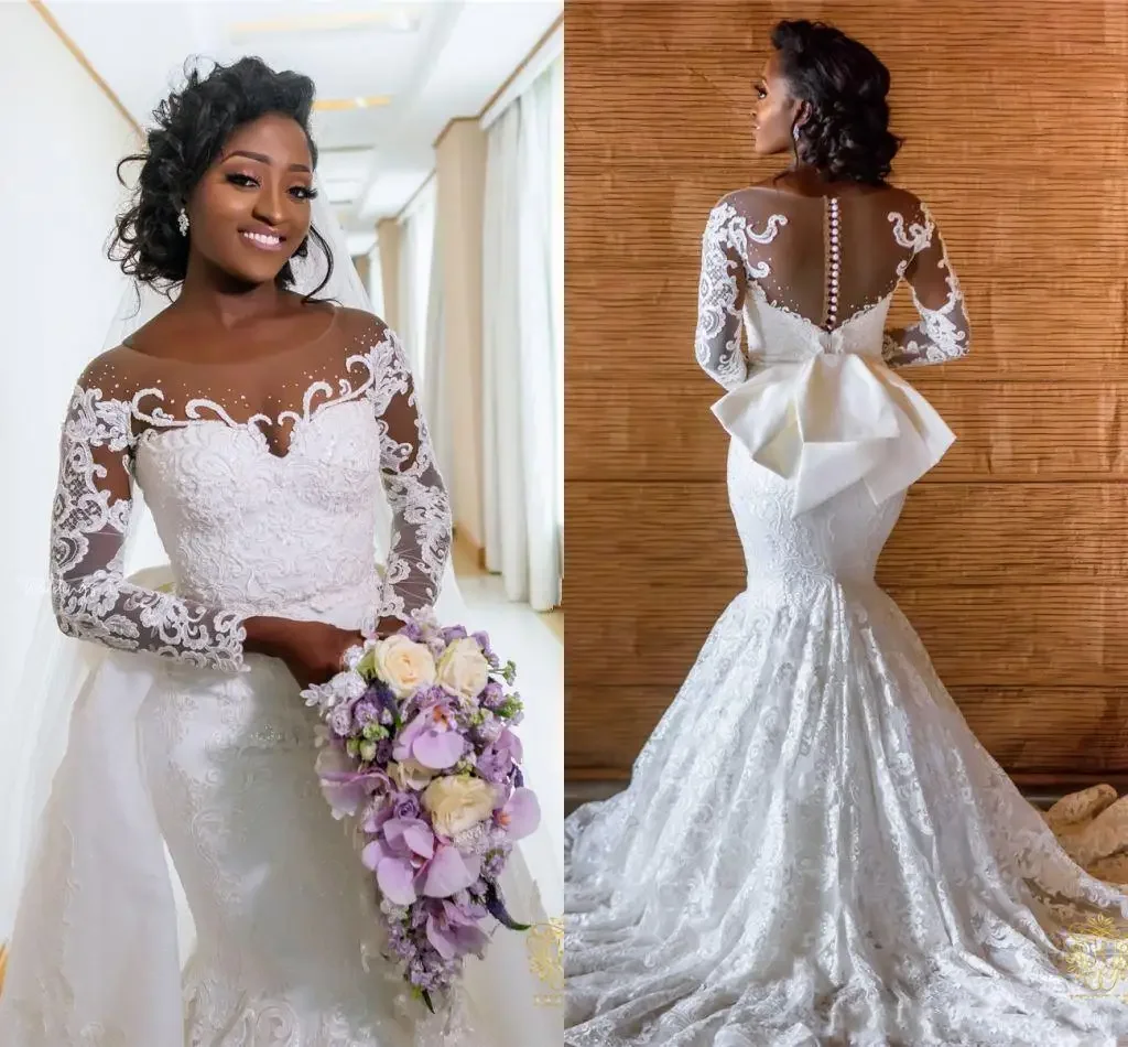 Customized African Long Sleeves Mermaid Wedding Dress Detachable Train Luxury Off Shoulder Lace Applique Plus Size Bridal Gown