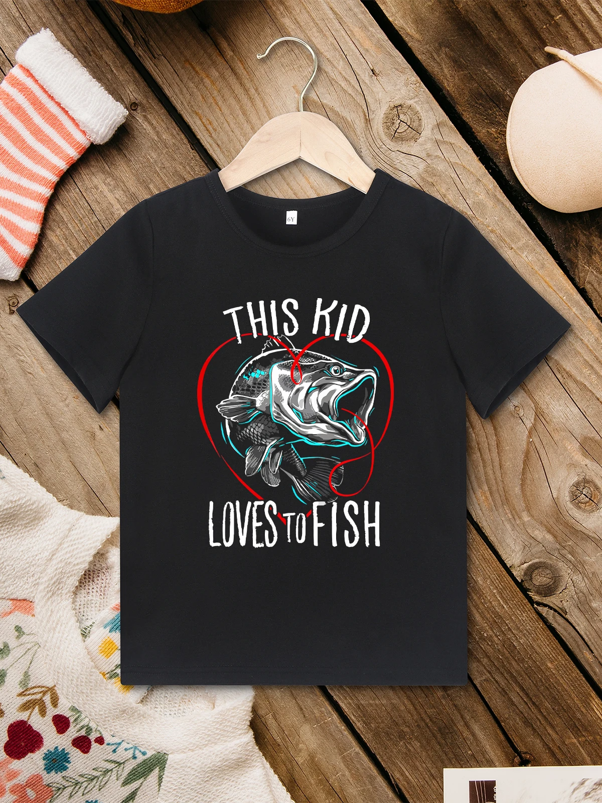 

Summer Fashion Outdoor Children's Clothing “This Kid Loves To Fish” Pattern European American Trend T-shirt for Boy 3 to 7 Years