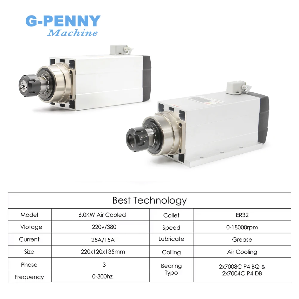 G-Penny 6kw Air Cooled Spindle Motor 4pcs Ceramic Ball Bearings ER32 300Hz 220v / 380v With Mounting Flange 0.01mm Accuracy