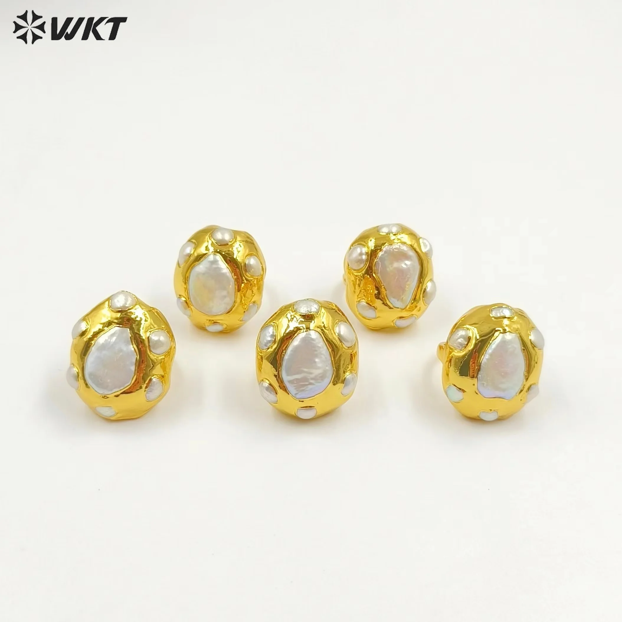 WT-MPR075 Exquisite Retro Natural Baroque Pearl 18k Gold Plated Big Rings For Unisex Cocktail Party Accessories