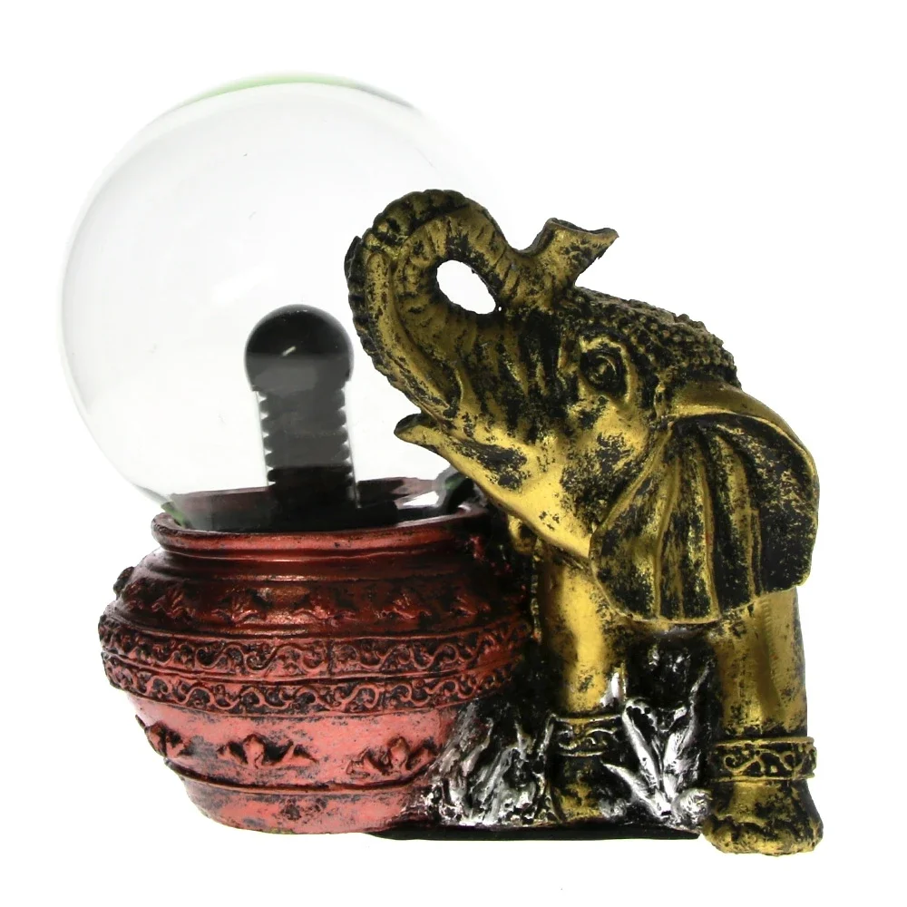 Gold Elephant Figurine Statue with Magic Plasma Ball, Lightning Crystal Globe, Nebula Touch, Desktop Resin Sculpture Decoration