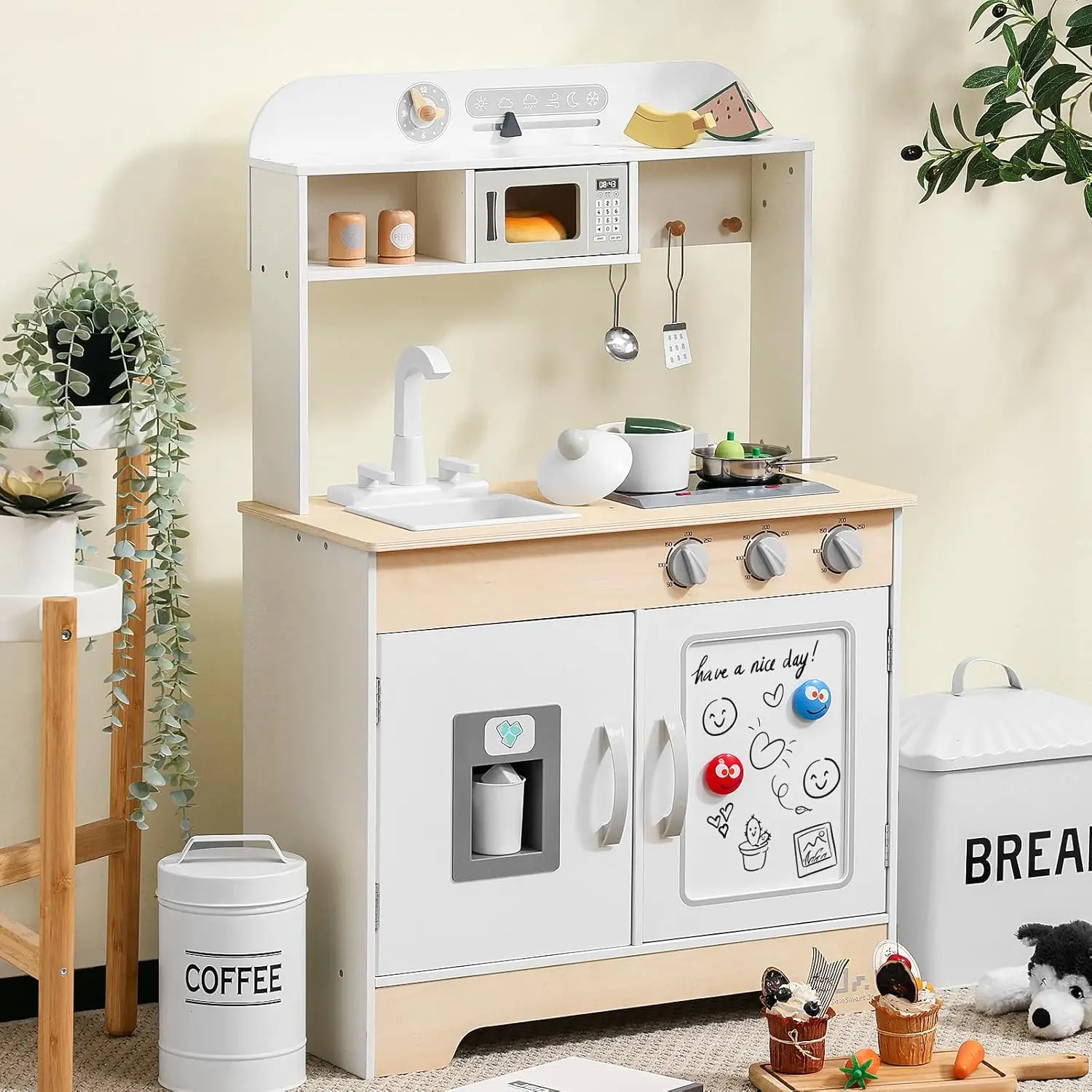 남아용 나무 놀이 주방, 프리미엄 유아 척 놀이 요리 세트, 스토브, 냉장고, 액세서리 포함