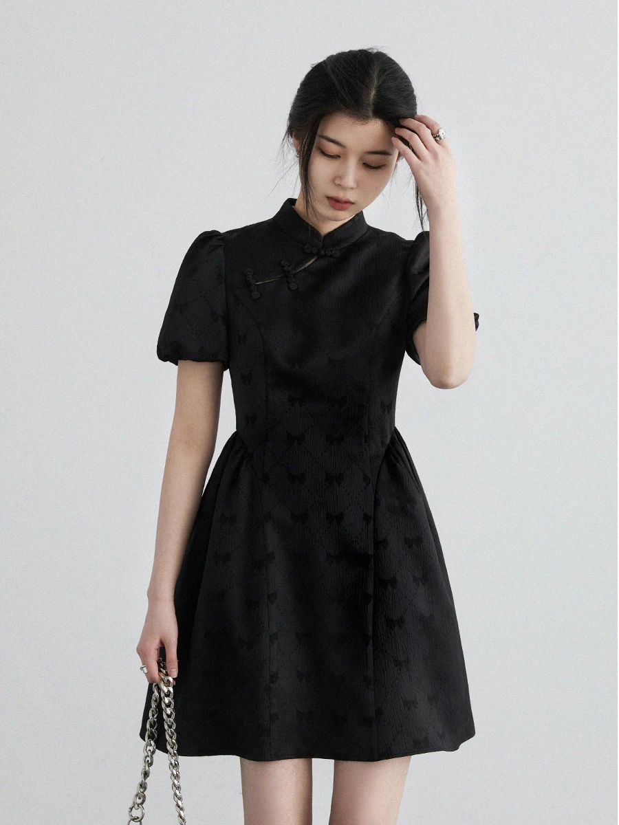 CHIC VEN Women\'s Dresses Black Slim Fit New Chinese Style Bubble Short Sleeve Cheongsam Mid Length Dress Spring Summer 2024