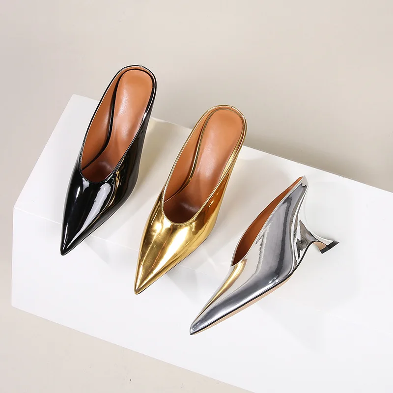 

Spring and Summer New Pointed Shallow Wedge Heel Slippers High Heels Shiny Leather Outer Wear Lazy High Heels