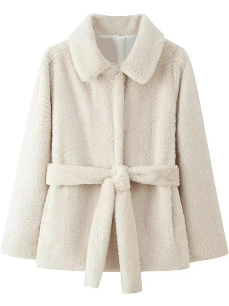 トッシー ウィンター レースアップ ルーズ フェイクファー アウター 女性用 カジュアル ラペル 長袖 通勤 無地 ストリートウェア レディース フェイクファーコート 2026