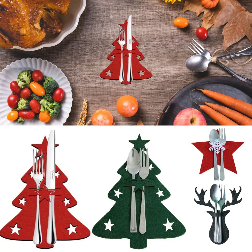 4PCS Christmas Knife Fork Holder Cutlery Bag Tableware Organizer Decorations Santa Claus Snowflake Xmas Tree Party Supplies