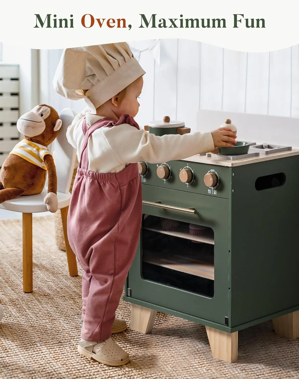 Robotime Robud Juego de cocina con horno de juguete de madera, verde vintage, con comida para juego, juego de cocina con horno para niños y niñas