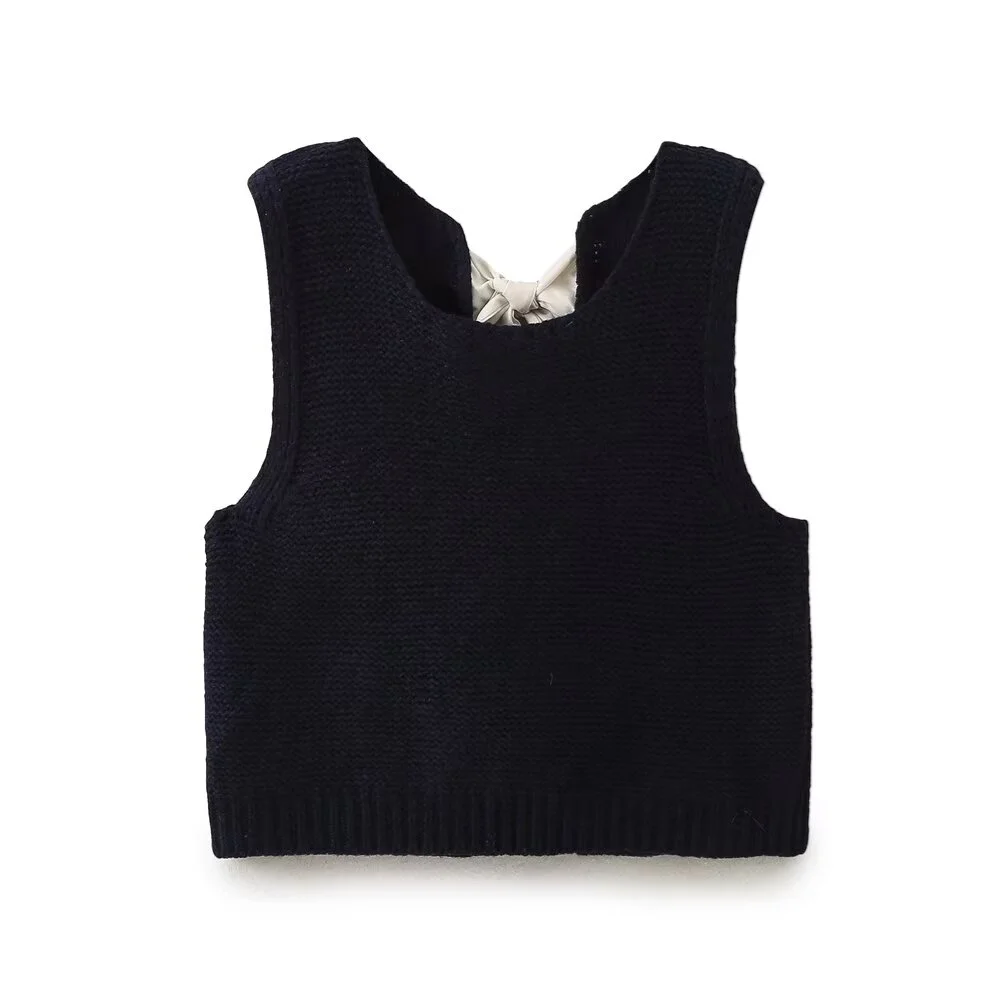 PB&ZA2024 Autumn New Women\'s Clothing Fashion Temperament Casual Sweet Versatile Tie up Decoration Round Neck Sweater Vest