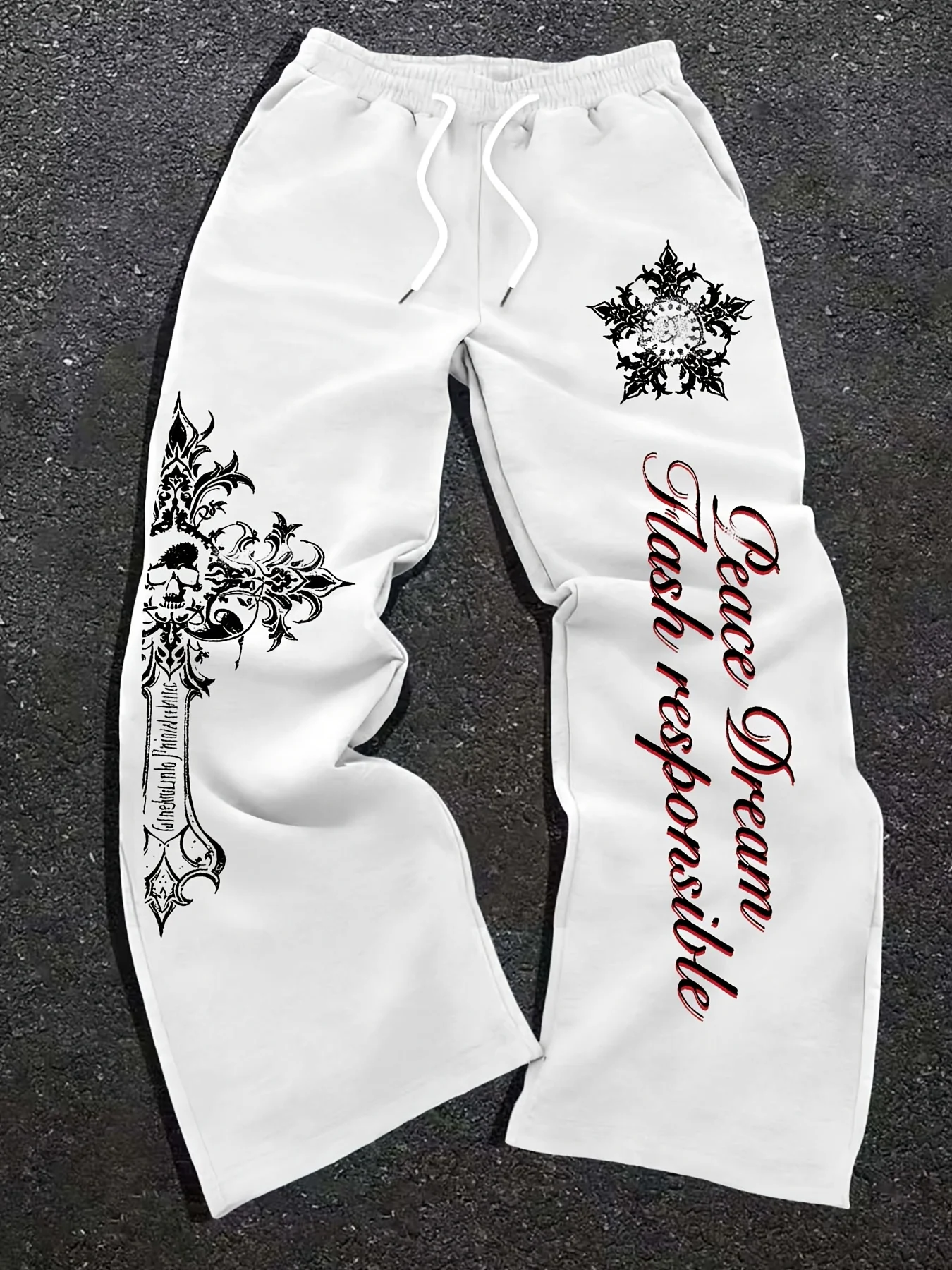 Men's Gothic Style Dark Printed Jogging Pants, Loose Straight Sports Sweatpants, Trendy Pants