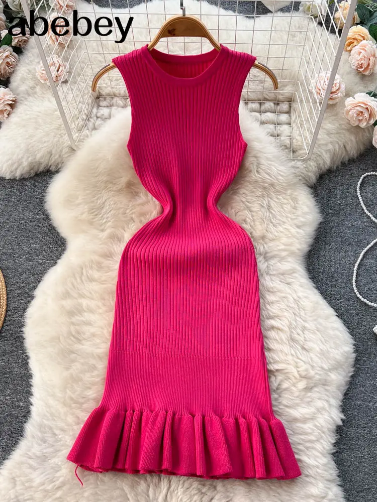 Summer Knitted Bodycon Sexy Dress 2023 O Neck Sleeveless Ruffled Party Sundress High Street Elastic Slim Short Dress